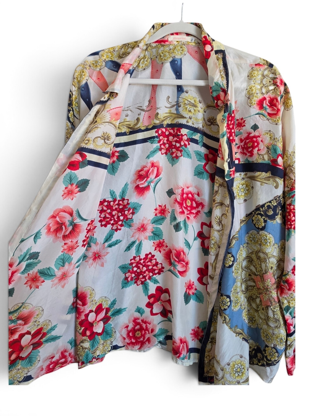 Johnny Was White Floral & Navy Scarf-Print Button Down Shirt